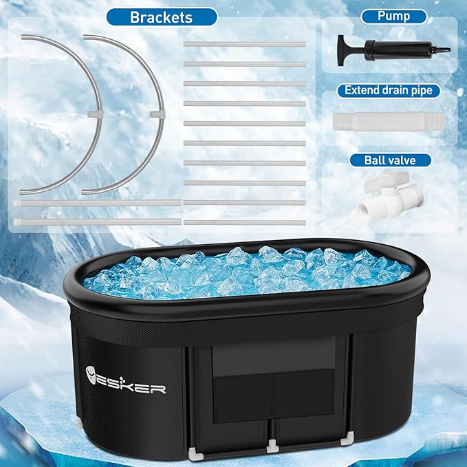 Yesker 110 Gal Oval Ice Bath Tub with Air Ring, Portable Multi-Layered Cold Plunge Tub with Lid for Athletes, Foldable and Inflatable, One Person Hot Bathtub at Gym, Yard, Home, Outdoors Use