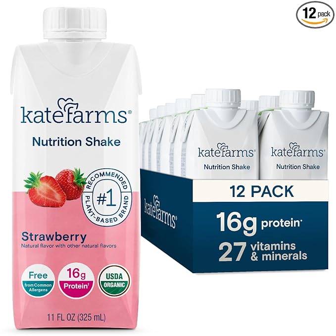 Kate Farms Organic Nutrition Shake, Strawberry, 16g Protein, 27 Vitamins and Minerals, Meal Replacement, 11 oz, 12 Pack-FlexoryFit