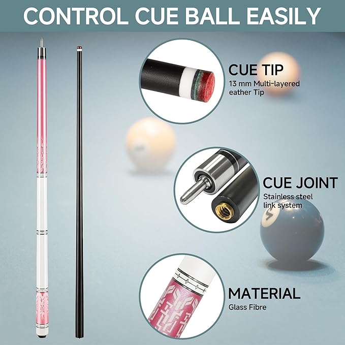 HomeSeason Glass Fiber Pool Cue 58" Professional Pool Stick 12.7mm 4-Layer Tip Low Deflection Cue Stick, 3 * 8/8Joint Pin, Ultra-Smooth, Billiard Cue Sticks-FlexoryFit