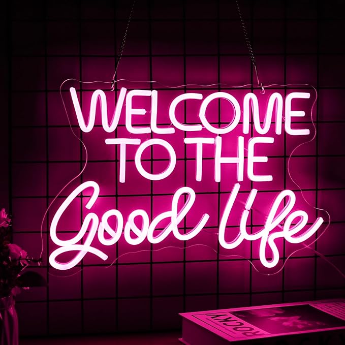 Welcome To The Good Life Neon Sign Letter LED Neon Lights Dimmable USB Powered 16.5’’X11’’Cool Wall Decorative Light Bedroom Kids Room Birthday Party Bar Decoration Gifts for Friend(Pink)
