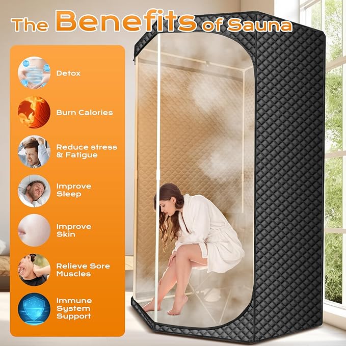 Steam Sauna Box, Portable Sauna for Home, Extra Large Pentagon Design Saunas Tent, Includes 3L Steamer with 9 Levels Remote Control and Absorbent Mat & Folding Chair (Black Pentagon)