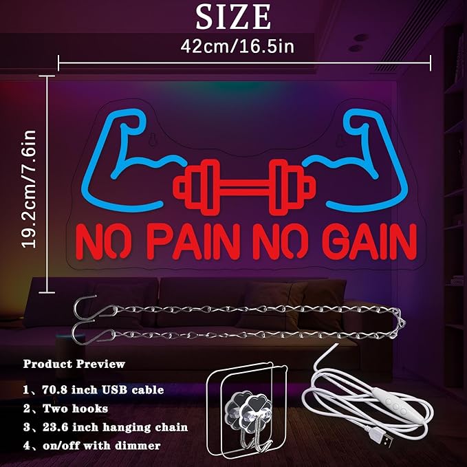 No Pain No Gain Neon Sign for Gym Decor Gym Neon Light Muscle Led Neon Sign Dumbbell LED Neon Light Weightlifting Neon Lights Fitness Club Neon Signs for Gym Fitness Club Store Decoration