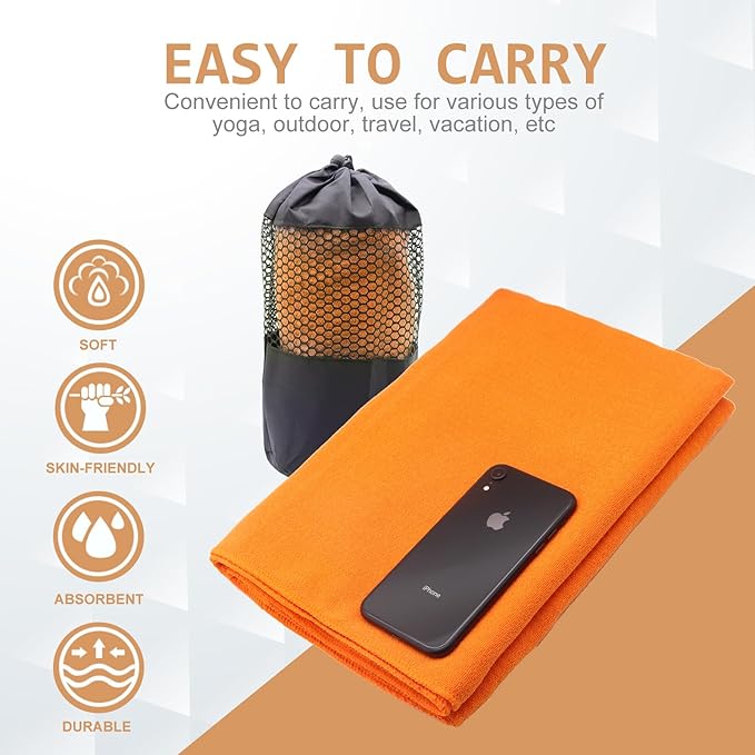 Eunzel Yoga Towel,Hot Yoga Mat Towel with Grip Dots Sweat Absorbent Non-Slip for Hot Yoga, Pilates and Workout 24" x72", Orange-FlexoryFit