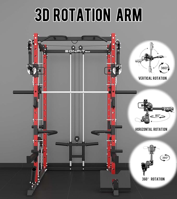 Eonfit E3 Smith Machine with 360°Rotating Arm for Home Gym Equipment, Multi-Function Power Cage Squat Rack with Cable Crossover LAT Pulldown Pulley System All in One-FlexoryFit