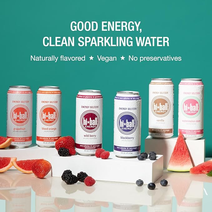 Hiball Energy Sparkling Water Zero Sugar and Zero Calorie Drink, Grapefruit, 16 Fl Oz ( 8 Count)-FlexoryFit