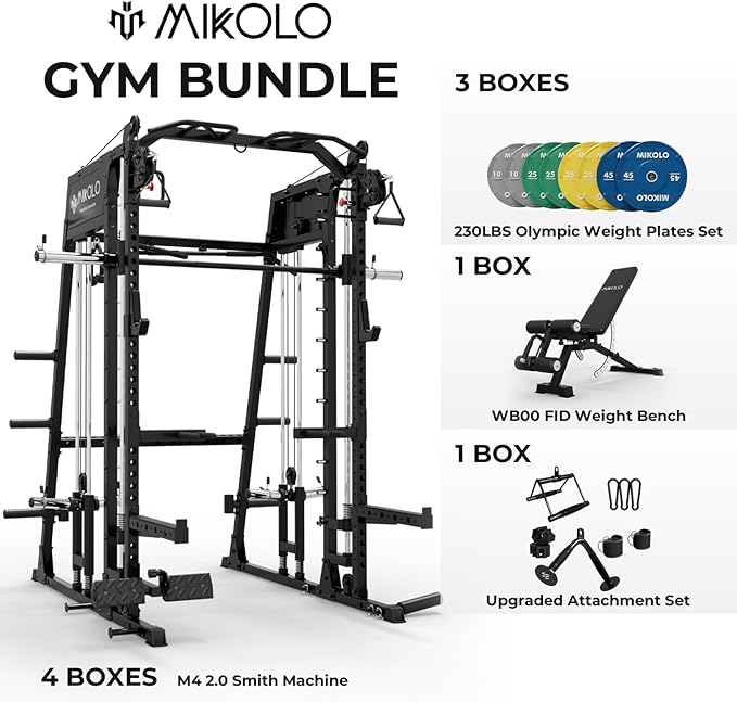 Mikolo Smith Machine, 2200lbs Squat Rack with LAT-Pull Down System & Cable Crossover Machine, Training Equipment with Leg Hold-Down Attachment-FlexoryFit
