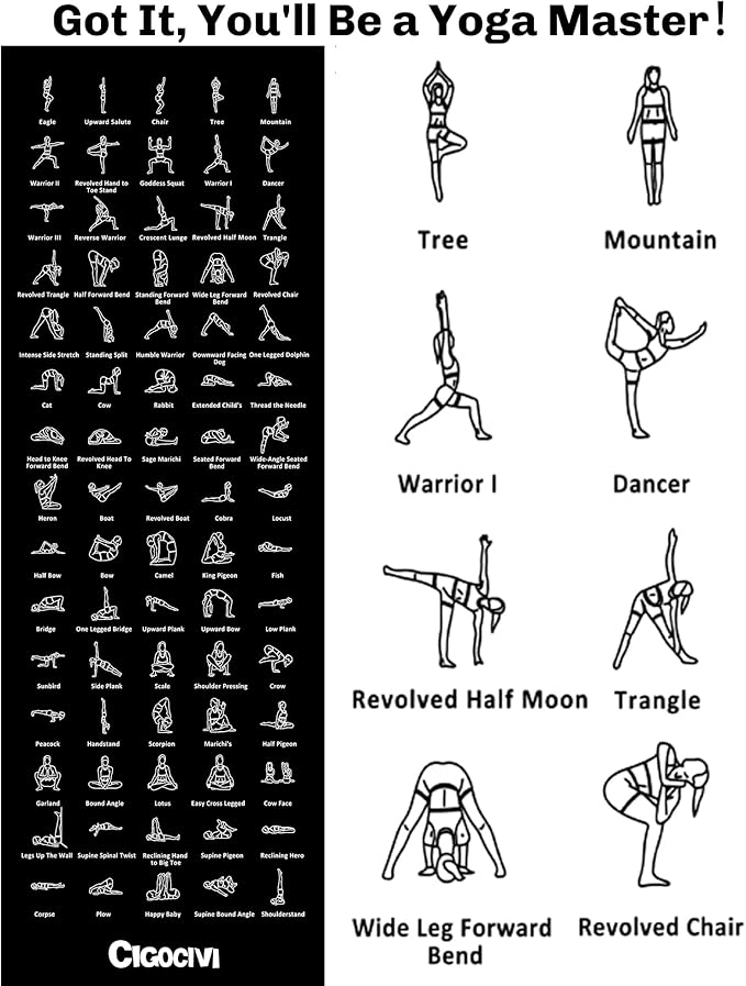 Instructional Travel Yoga Mat with 75 Poses & Exercises - Non-slip Exercise Mat for Home Workout, Includes Carrying Bag - Perfect for Beginners, 68"x24"x0.25"-FlexoryFit