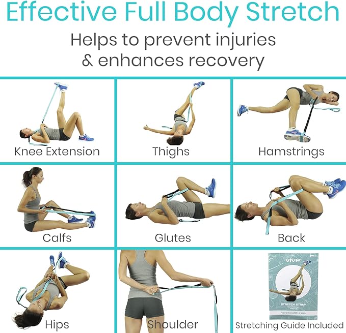 Vive Stretch Strap (75" - 10 Loops) - Leg Stretch Band to Improve Flexibility - Stretching Out Yoga Strap - Exercise and Physical Therapy Belt for Rehab, Pilates and Gymnastics with Guide Book-FlexoryFit