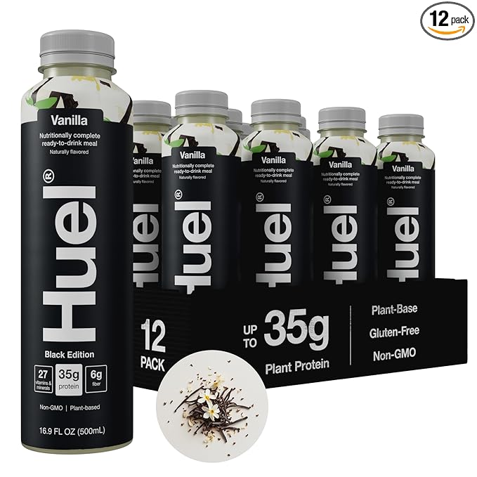 Huel Black Edition Ready-to-Drink | Vanilla Meal Replacement Shake | 35g High Protein Drink | 27 Vitamins & Minerals, Vegan, Gluten Free | Plant Based | High Fiber, Low Sugar | 16.9 Fl Oz, 12 Pack-FlexoryFit