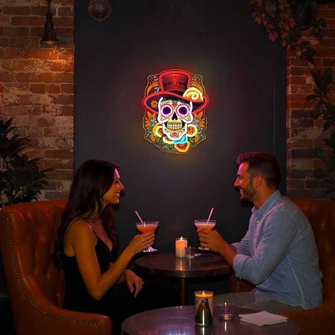 Day of the Dead Neon Sign - Mexican Sugar Skull LED Neon Light for Home & Bar Decor,UV Printed Art with Flexible LED Strip,Halloween & Día de Muertos Party Decoration (Red)