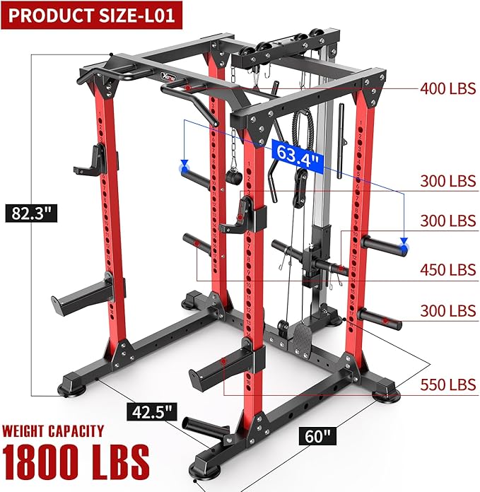 Power Cage,1600lbs Multi-Function Power Rack with Adjustable Cable Crossover System and More Training Attachment, Weight Cage for Home Gym-FlexoryFit