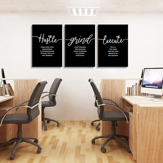 Office Decor - Hustle Quotes Execute Prints, Framed Canvas Wall Art Grind Quote, Office Wall Art, Black Large Poster, Positive MotivationalPrints, Inspirational Print (F-3pcs,12x16inchx3pcs)-FlexoryFit