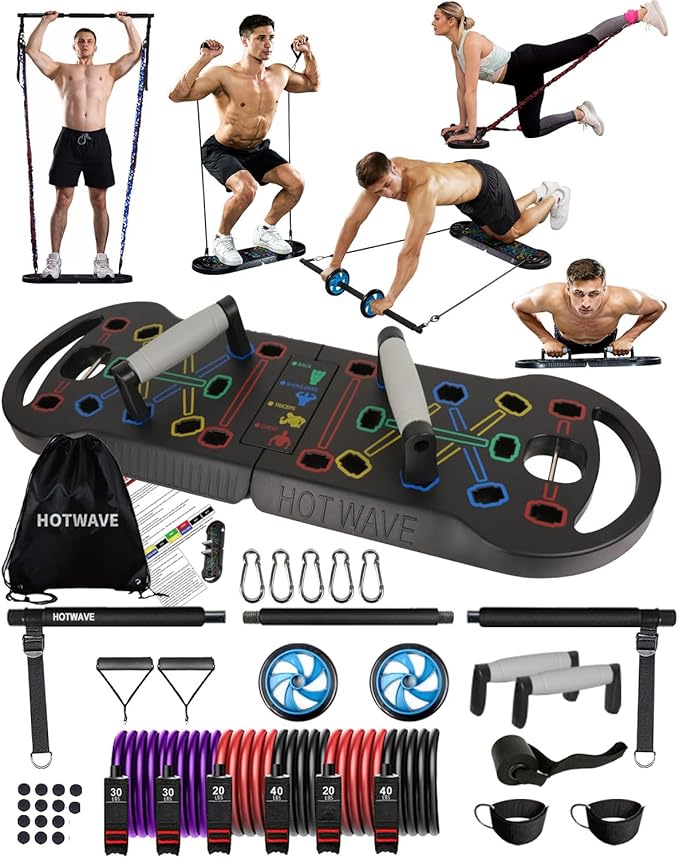 HOTWAVE Portable Exercise Equipment with 16 Gym Accessories.20 in 1 Push Up Board Fitness,Resistance Bands with Ab Roller Wheel,Full Body Workout at Home-FlexoryFit