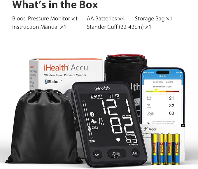 iHealth Accu Blood Pressure Monitor – 4.5" Large LCD, Clinically Accurate, Irregular Heartbeat Alert, Body & Cuff Detection, Bluetooth Sync, Adjustable Large 8.6"–17" Cuff– Easy for Seniors & Adults-FlexoryFit
