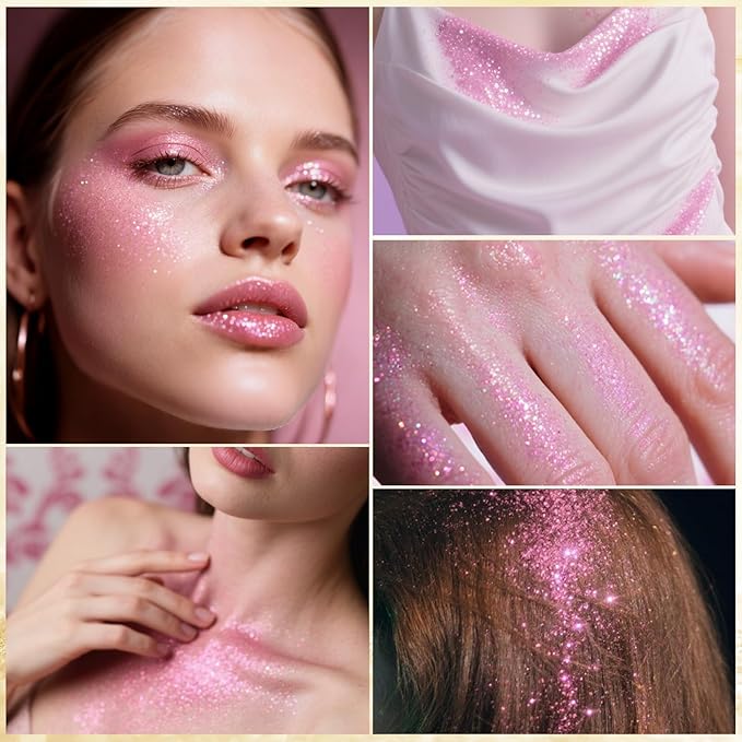 Holographic Body Glitter Spray - Shimmering Hair, Face & Body Sparkle for Festivals, Clothes, Nail Art Crafts Design & Special Events Makeup (Light Pink)-FlexoryFit