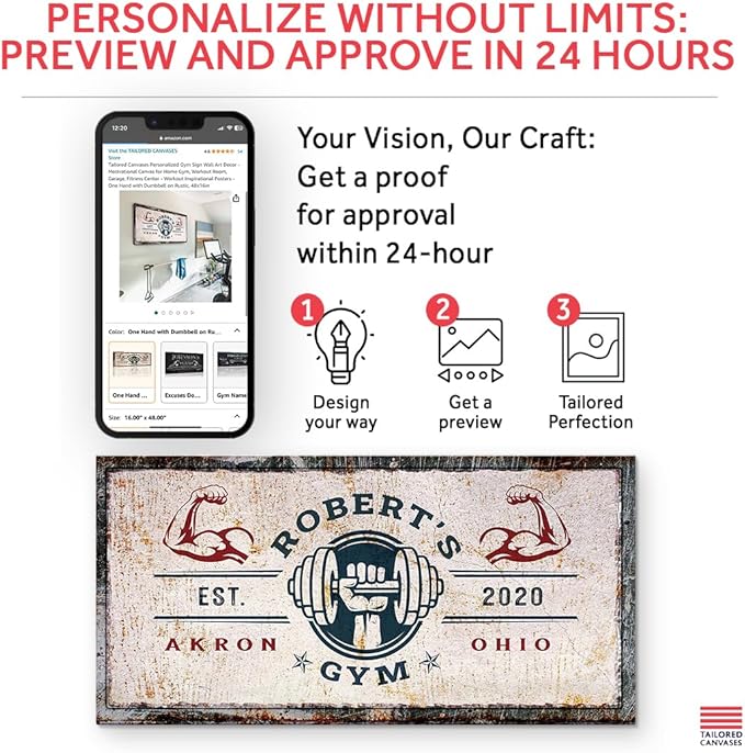 Tailored Canvases Personalized Gym Sign Wall Art Decor - Motivational Canvas for Home Gym, Workout Room, Garage, Fitness Center - Workout Inspirational Posters - One Hand with Dumbbell on Rustic, 48x24in