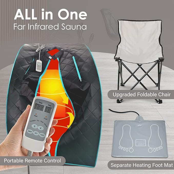 Smartmak Far Infrared Sauna, Full Body One Person Portable SPA Set with Time & Tempreture Remote Control, Heating Foot Pad and Foldable Reinforced Chair (L 27.6โโ x W 31.5โโ x H 37.8โโ) - Black