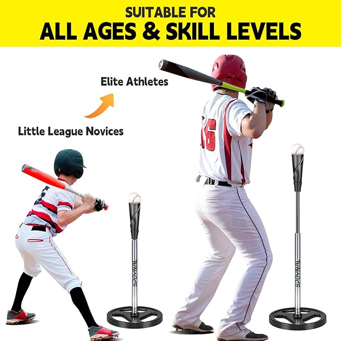 Portable Batting Tee for Baseball/Softball - Adjustable Height 24" to 46", 25" to 37", Baseball Practice Training Hand-Rolled Flexible Rubber Top & Heavy Duty Base for T-Ball, Youth & Adults