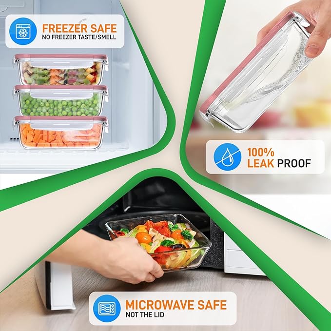 Nutrichef 10-Piece Glass Food Containers - Stackable Superior Glass Meal-prep Storage Containers, Newly Innovated Leakproof Locking Lids w/Air Hole, Freezer-to-Oven-Safe (Red)-FlexoryFit