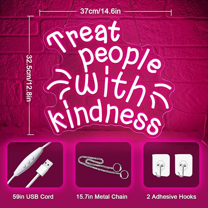 Treat People with Kindness Neon Sign,Pink Led Neon Signs for Wall Decor,Dimmable Inspiring Letter Neon Lights USB Be Kind Light Up Signs for Bedroom Classroom Kids Room,Gift for Boys Girls