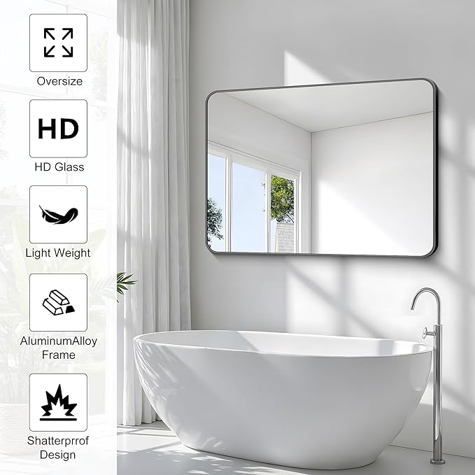 36x48 inch Bathroom Mirror,Black Rectangle Mirror,Wall Mounted Bathroom Frame Vanity Mirror with Round Corner for Bedroom Living Room, Entryway Hangs Horizontal or Vertical-FlexoryFit