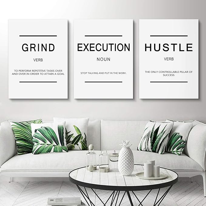 Framed Canvas Wall Art Success Quote, Office Wall Art, White Large Poster, Positive Motivational Set of 3 Prints, Grind Execution Hustle Poster, Inspirational Print-FlexoryFit