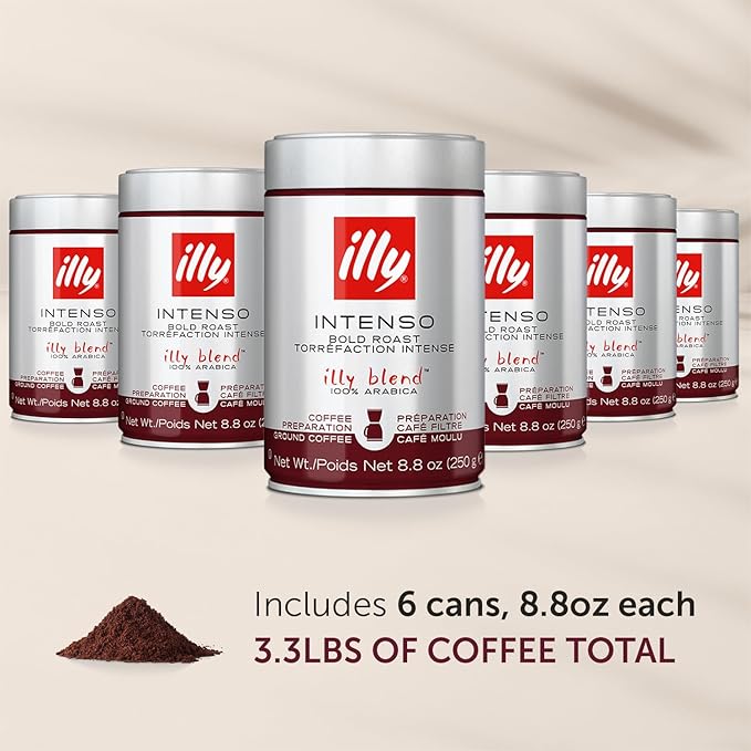 Illy Ground Drip Coffee - Intenso Bold Roast - Bold & Flavorful - 100% Arabica - Pre-Ground for Drip Pour Over - Pressurized Packaging Sealed for Freshness - 8.8oz (Pack of 6)-FlexoryFit