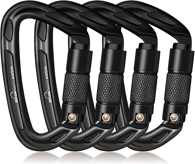 BEIFENG 25KN Auto Locking Carabiner - UIAA Certified Heavy Duty Climbing Carabiners for Rock Climbing, Camping, Rappelling, Hunting, Rescue Equipment - Professional Carabiner Clips (Black)