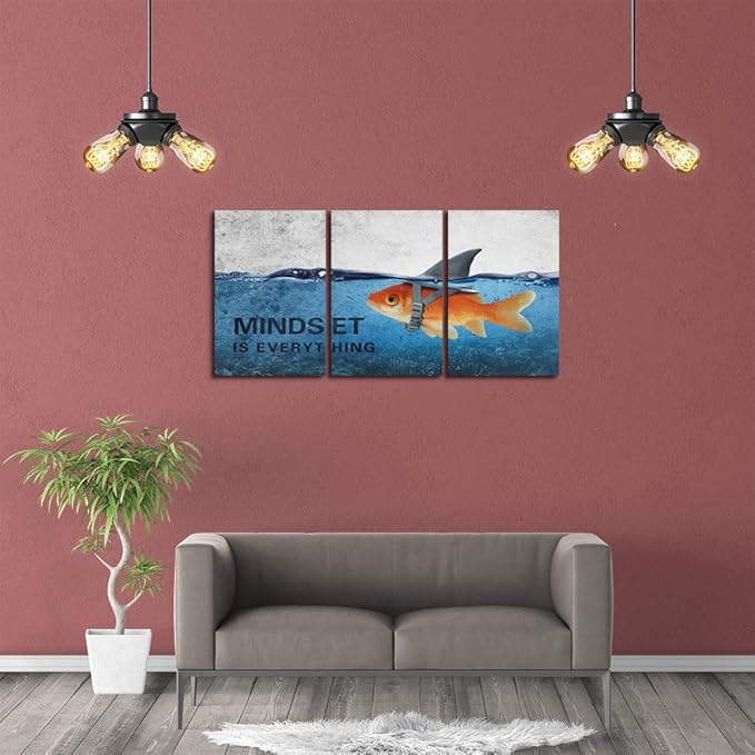 3 Panels Modern Framed Inspirational Canvas Wall Art Goldfish Body Strong Shark Heart Mindset is Everything Motivational Wooden Decor Posters for Office Gym Classroom Home Decoration(48''W x 24''H)-FlexoryFit