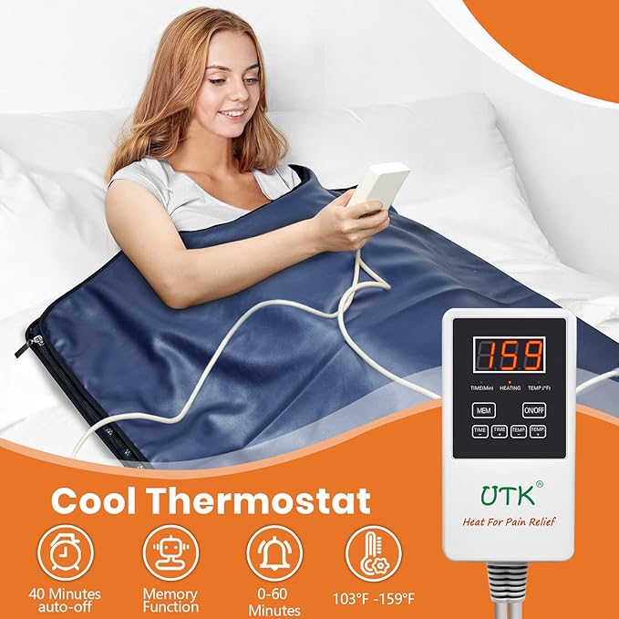 UTK Infrared Sauna Blanket, Sauna Blanket for Detox, Sauna FIR Therapy, Natural Jade & Tourmaline Stone, 660mm Photon, Pain Relief, Sweat Fast, Home SPA, Full-Size Body Blanket, 50 Plastic Wrap