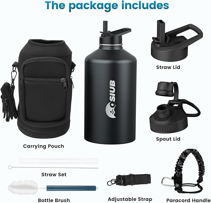 Insulated Water Bottle 87 oz, Triple Wall Vacuum Stainless Steel(Cold for 48 Hrs),Leak Proof & BPA-Free,Half Gallon Water Bottle with Reflective Paracord & Flip Straw for Sports & Travel, Black-FlexoryFit
