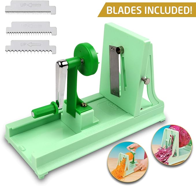 Japanese Turning Vegetable Spiralizer, Veggie Spiralizer For Fresh Zucchini, Squash, Butternut Squash with 1 Straight-Edged Blade and 3 Serrated Blades Multiple-FlexoryFit
