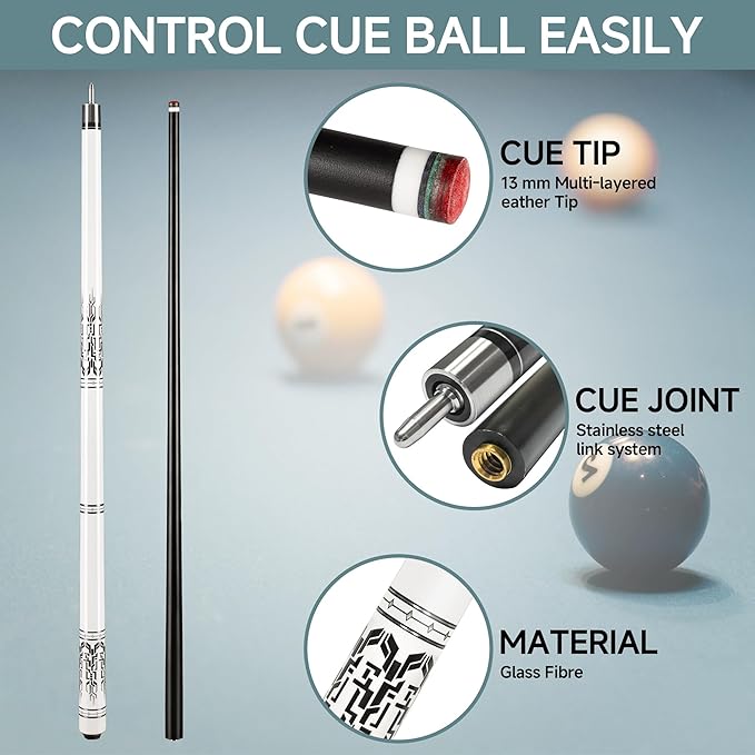 HomeSeason Glass Fiber Pool Cue 58" Professional Pool Stick 12.7mm 4-Layer Tip Low Deflection Cue Stick, 3 * 8/8Joint Pin, Ultra-Smooth, Billiard Cue Sticks-FlexoryFit