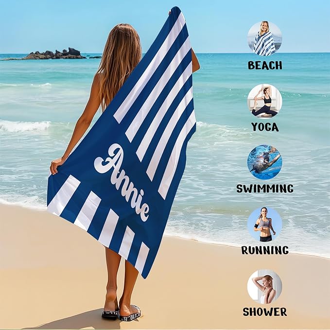 JML Personalized Beach Towel with Name, Custom Cabana Stripe Beach Towel, Customized Microfiber Pool Towel, Quick Dry & Absorbent Swim Towel for Adult,Mother's Day, Birthday, Summer Holiday,Vacation-FlexoryFit