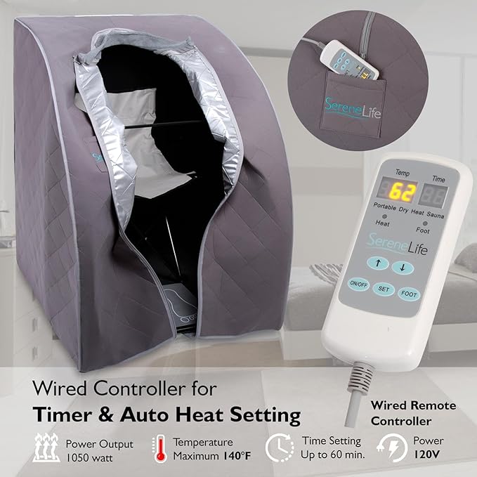 SereneLife Portable Sauna for Home, Infrared Sauna Tent with Heated Foot Pad and Folding Chair, Compact Personal Rejuvenation Sauna, Remote Control In-Home Spa, 38" x 32” - (Gray)