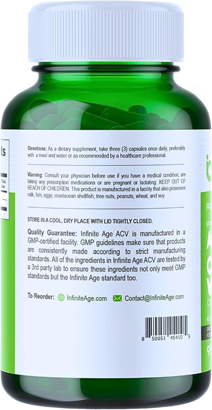 INFINITE AGE 1950mg Apple Cider Vinegar Capsules, 90 Count - Made in The USA, Vegan, Gluten Free, All-Natural - with 60mg Cayenne Fruit - No Fillers, Ultra Concentrated-FlexoryFit