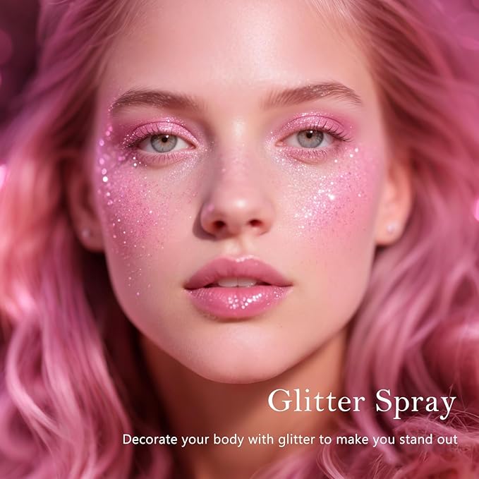 Holographic Body Glitter Spray - Shimmering Hair, Face & Body Sparkle for Festivals, Clothes, Nail Art Crafts Design & Special Events Makeup (Light Pink)-FlexoryFit