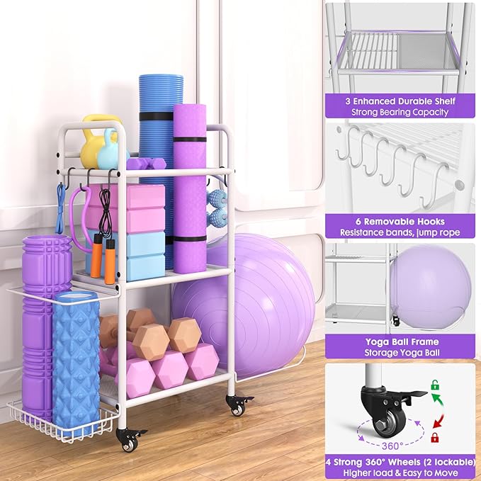 Home Gym Storage Rack Exercise Equipment Storage Organizer for Yoga Mat Dumbbells Kettlebells Foam Roller Yoga Strap & Resistance Bands, Ideal Yoga Mat Holder & Workout Equipment Organizer-FlexoryFit