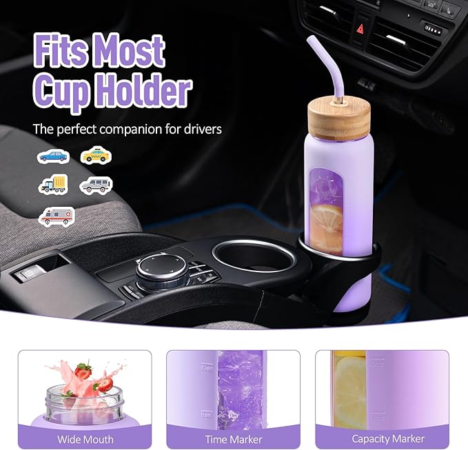 Kodrine Water Bottle with Straw, 24 oz Glass water Bottle with 2 Lids Bamboo Straw Lid and Spout Lid with Handle, 32 oz Clear Water Bottle Glass for Sports Travel, Waterbottle with Time Marker-FlexoryFit