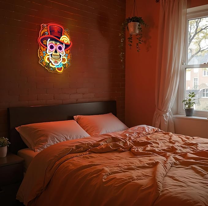 Day of the Dead Neon Sign - Mexican Sugar Skull LED Neon Light for Home & Bar Decor,UV Printed Art with Flexible LED Strip,Halloween & Día de Muertos Party Decoration (Red)