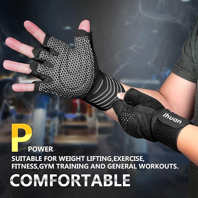 ihuan Ventilated Weight Lifting Gym Workout Gloves with Wrist Wrap Support for Men & Women, Full Palm Protection, for Weightlifting, Training, Fitness, Hanging, Pull ups-FlexoryFit