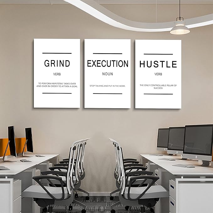 Framed Canvas Wall Art Success Quote, Office Wall Art, White Large Poster, Positive Motivational Set of 3 Prints, Grind Execution Hustle Poster, Inspirational Print-FlexoryFit