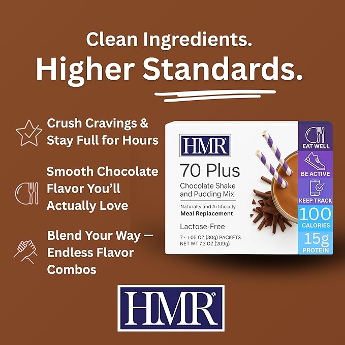 HMR 70 Plus Chocolate Shake & Pudding Mix | Meal Replacement Powder | Lactose-Free | 15g Protein | Supports Healthy Weight Loss | Easy to Make | Low Calorie | 21 Single Serving Packets-FlexoryFit
