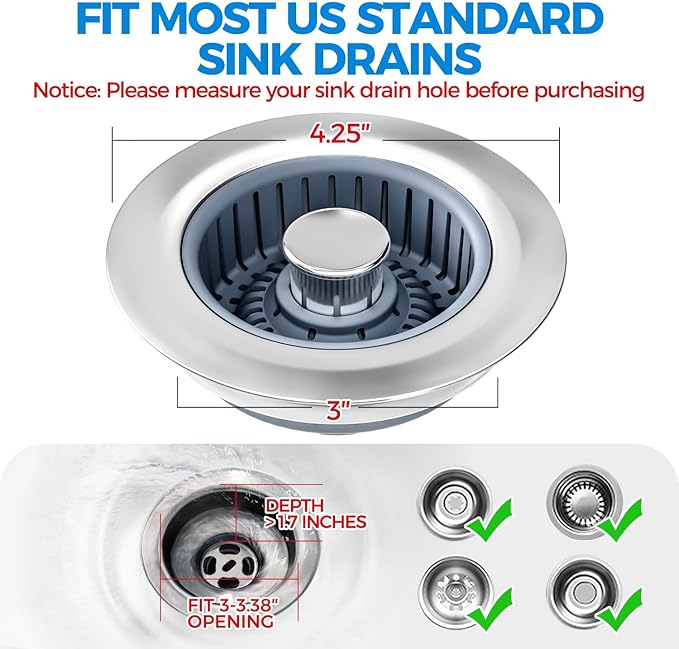 zaa Kitchen Sink Drain Strainer - Kitchen Sink Stopper, Stainless Steel Kitchen Drain Plug & Cover with Anti-Clogging Basket Strainer, Fit US Standard 3-1/2'' Sink Drain Hole, Silver