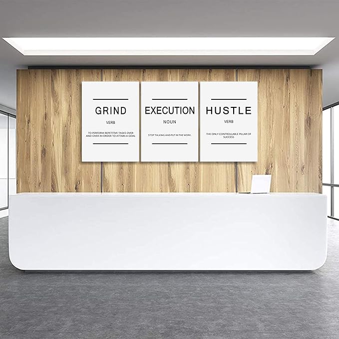 Framed Canvas Wall Art Success Quote, Office Wall Art, White Large Poster, Positive Motivational Set of 3 Prints, Grind Execution Hustle Poster, Inspirational Print-FlexoryFit