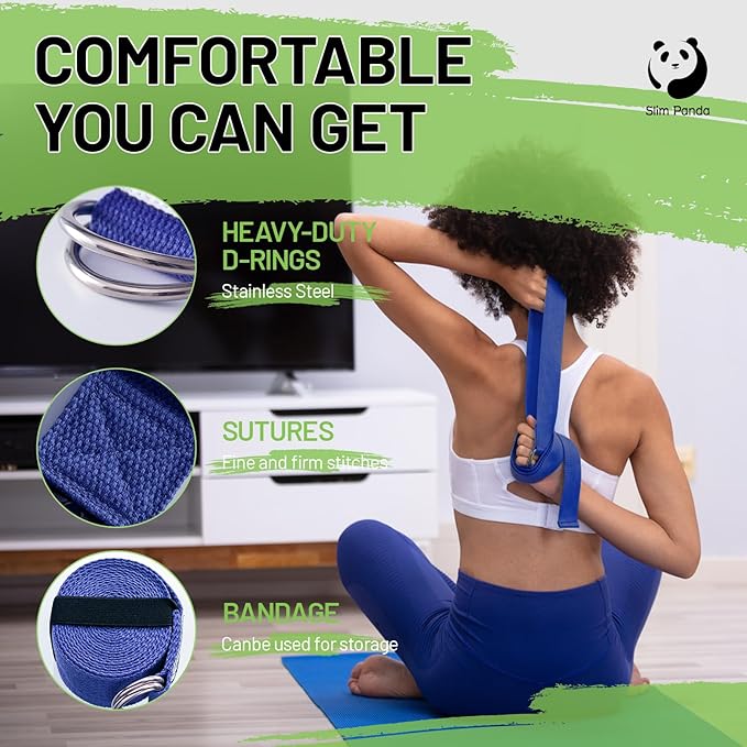 Slim Panda Yoga Strap for Stretching,Cotton Yoga Strap with Adjustable D-Ring Buckle,Non-Elastic Yoga Belt for Pilates,Gym Workouts,Physical Therapy,Improve Flexibility-FlexoryFit