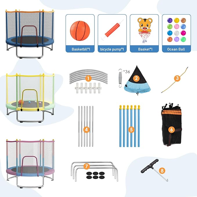 Kids Trampoline with Safety Net – 440lbs Capacity, Upgraded Rust-Proof Ring Legs, Adjustable Gymnastics Bar & Toys – Indoor Outdoor Toddler Trampoline for Boys & Girls Ages 1-8-FlexoryFit