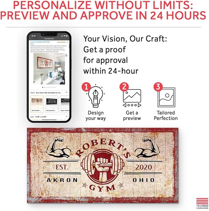 Tailored Canvases Personalized Gym Sign Wall Art Decor - Motivational Canvas for Home Gym, Workout Room, Garage, Fitness Center - Workout Inspirational Posters - One Hand Dumbbell on Rustic Red, 60x30in