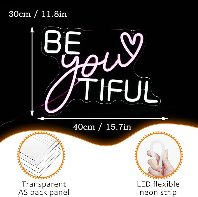 Be Your Tiful Neon Sign Dimmable Letter Neon Signs White Pink Wall Decorative Lights Powered USB with Switch for Bedroom Kid Room Shop Apartment Birthday Party Wedding (15.7’’X11.8’’)