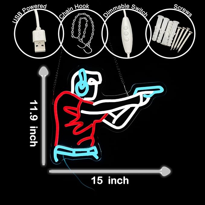 Man Shooting Neon Sign Gun Led Light Up Sign Game Player Gifts Dimmable Shooting Decor for Gun Club Decor Man Cave Game Room 15"×11.9"-FlexoryFit